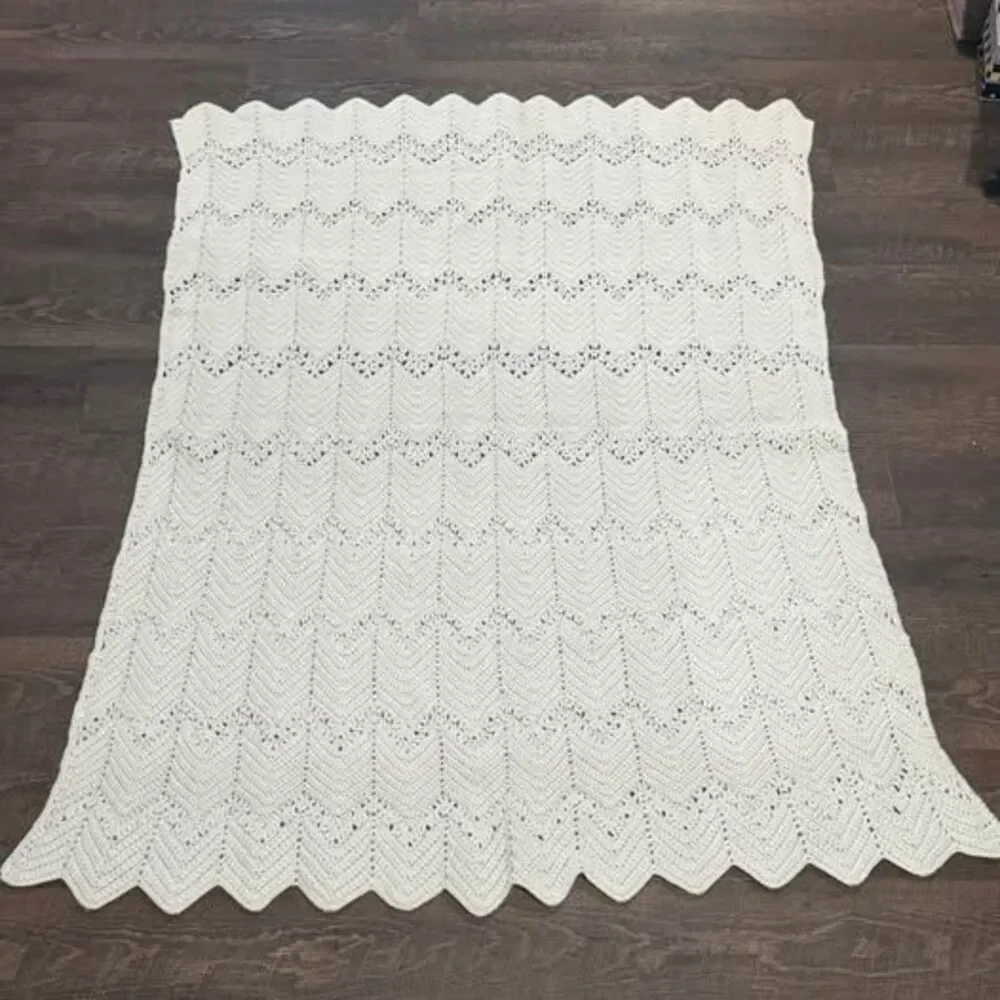 White Hand-Crocheted Chevron Blanket
